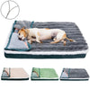 A dog is lying on a gray fleece dog bed with a detachable teal cover, shown alongside various color options.