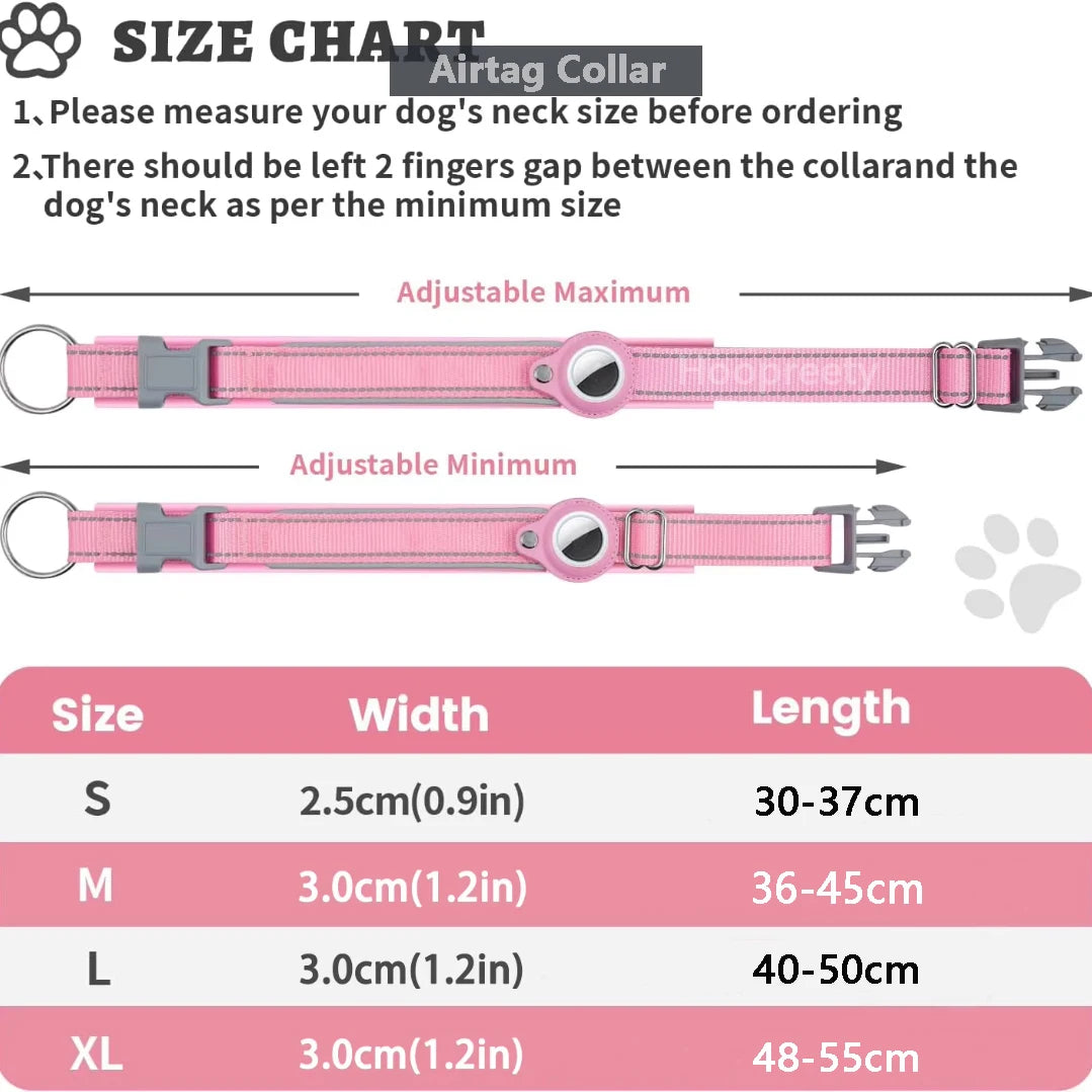 Size chart for an Airtag collar showing dimensions and adjustability options