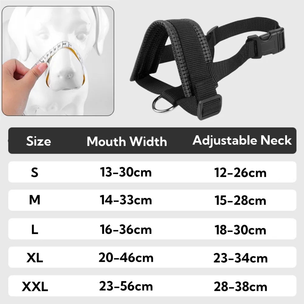 A set of adjustable black dog muzzles in various sizes S to XXL shown next to a white dog head.