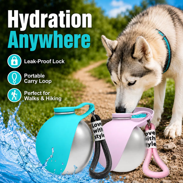 A blue and pink leak-proof dog water bottle with a silicone bowl is shown next to a husky dog outdoors.