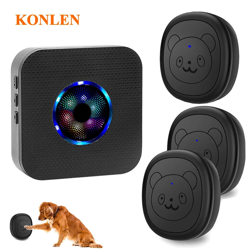 A black wireless dog doorbell device and its components, including a main unit and two round buttons.