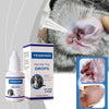 Bottle of YEGBONG Pet Ear Drops for dogs and cats next to a cat's ear.