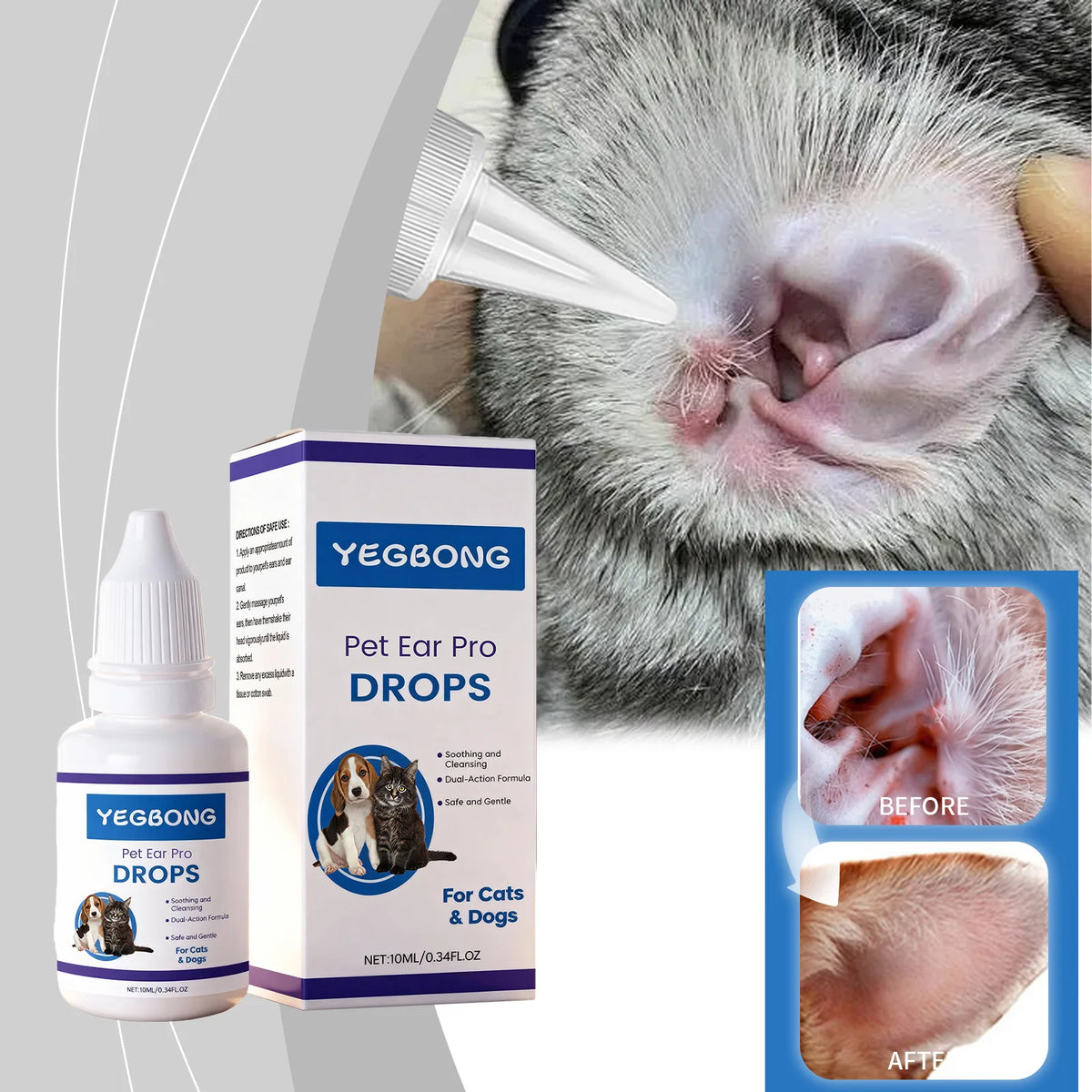 Bottle of YEGBONG Pet Ear Drops for dogs and cats next to a cat's ear.