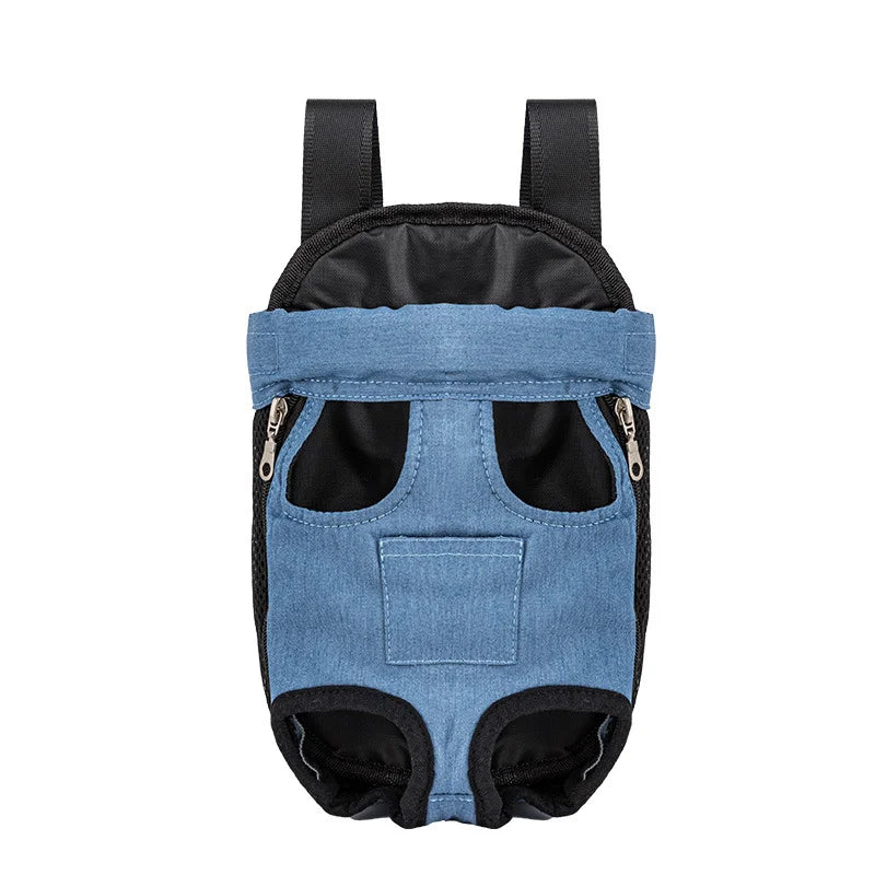 A blue outdoor camouflage dog carrier backpack with black straps and zippered openings.