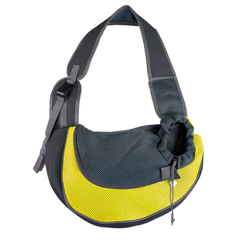 A breathable mesh pet carrier sling in black and yellow.