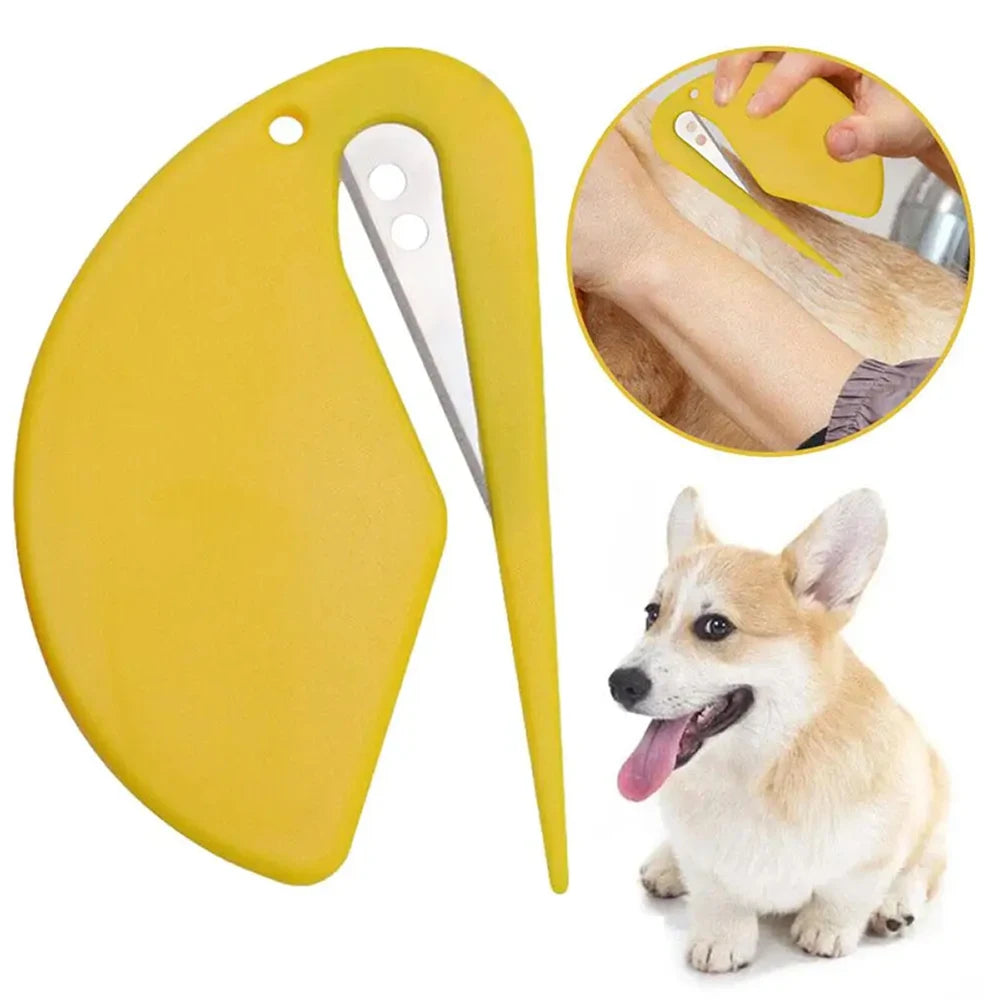 Yellow painless pet detangling comb with a curved blade and a close-up of it being used on a dog