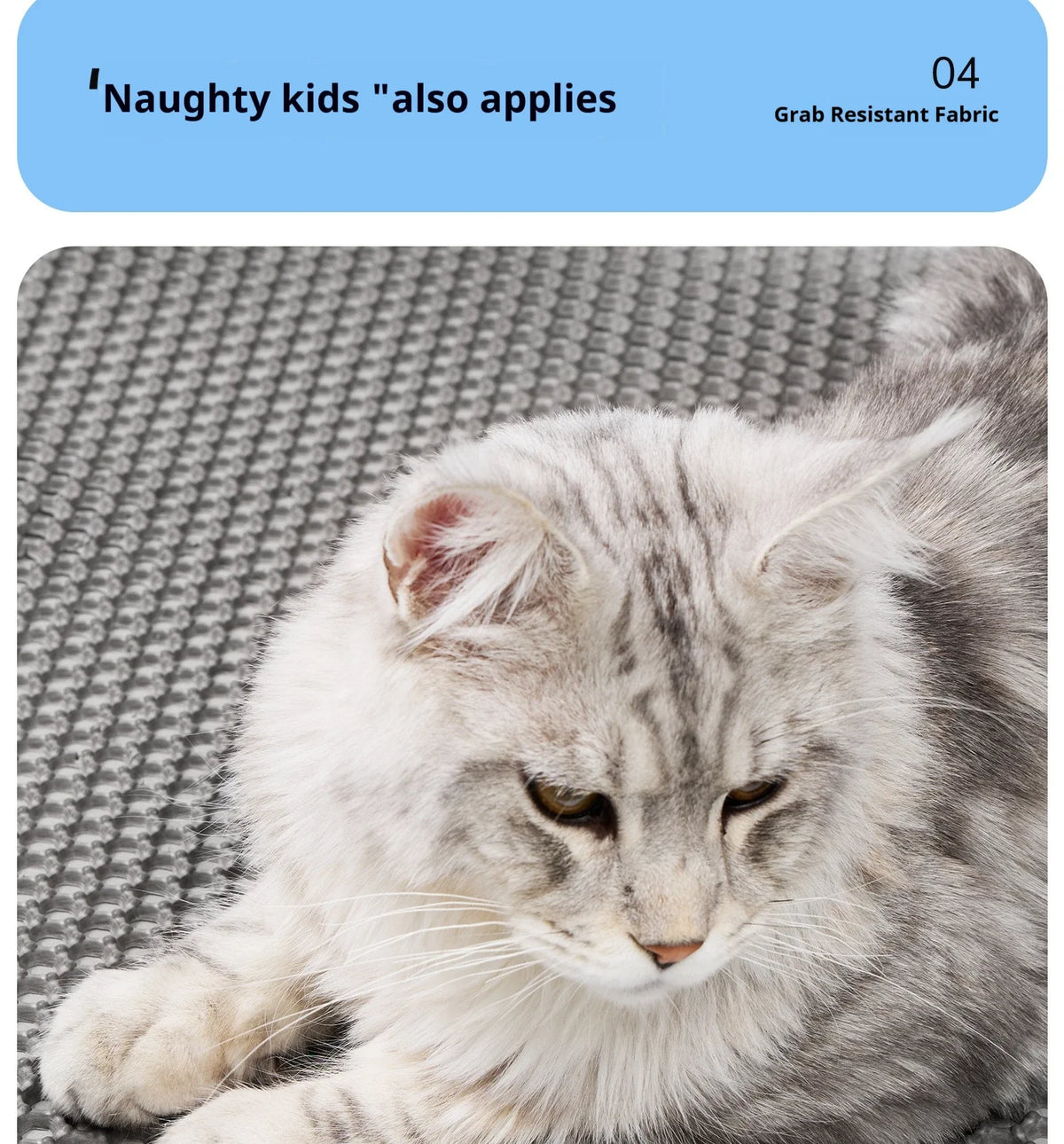 Ein flauschiger grau-weißer Kater ruht auf einer grauen strukturierten Matte.