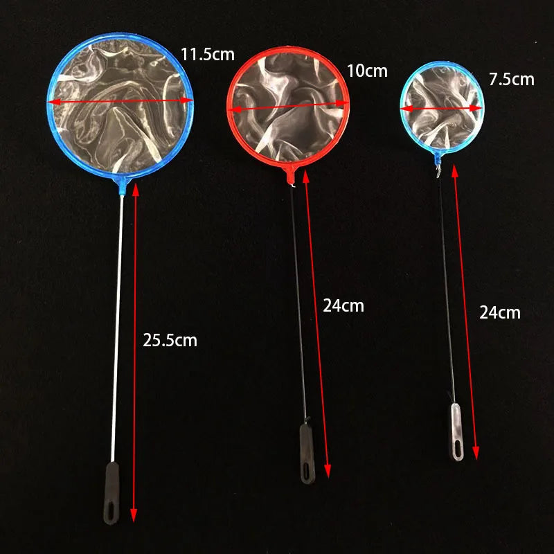 Three fine mesh aquarium landing nets of different diameters are shown with stainless steel handles.