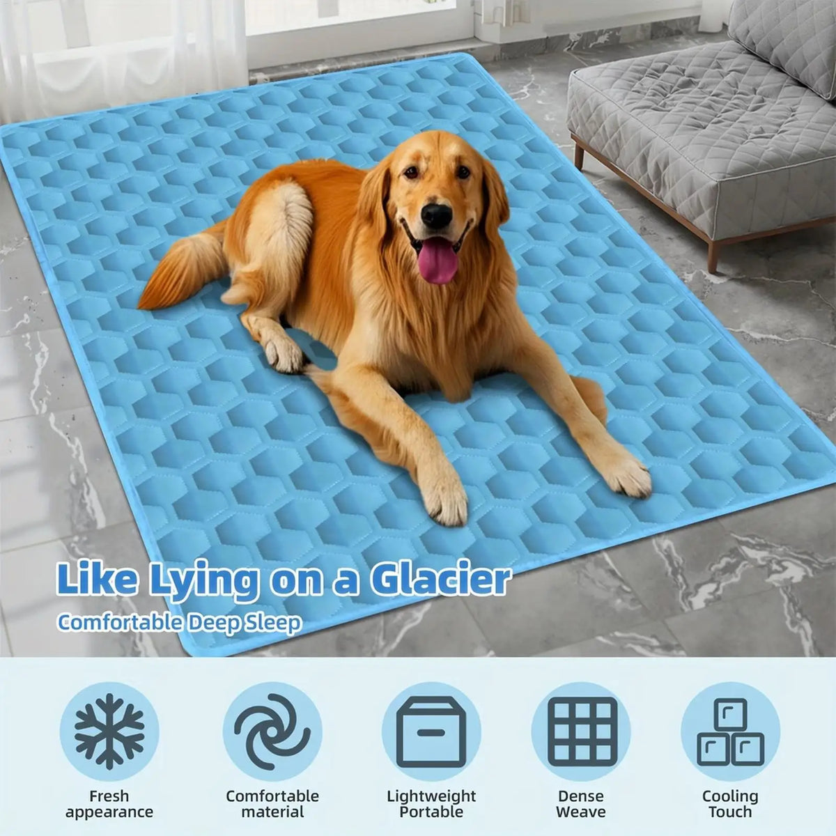 A golden retriever lies comfortably on a blue hexagonal pet mat designed for deep sleep.
