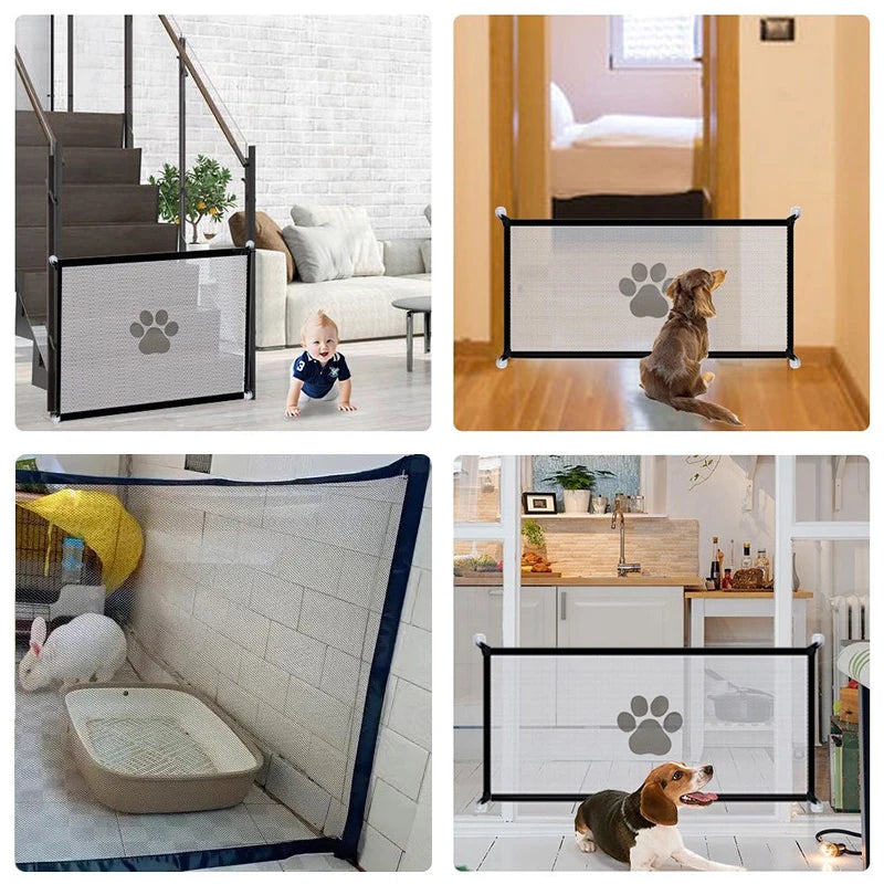 A portable folding pet safety gate with breathable mesh is shown in various contexts, including a wooden staircase and a kitc