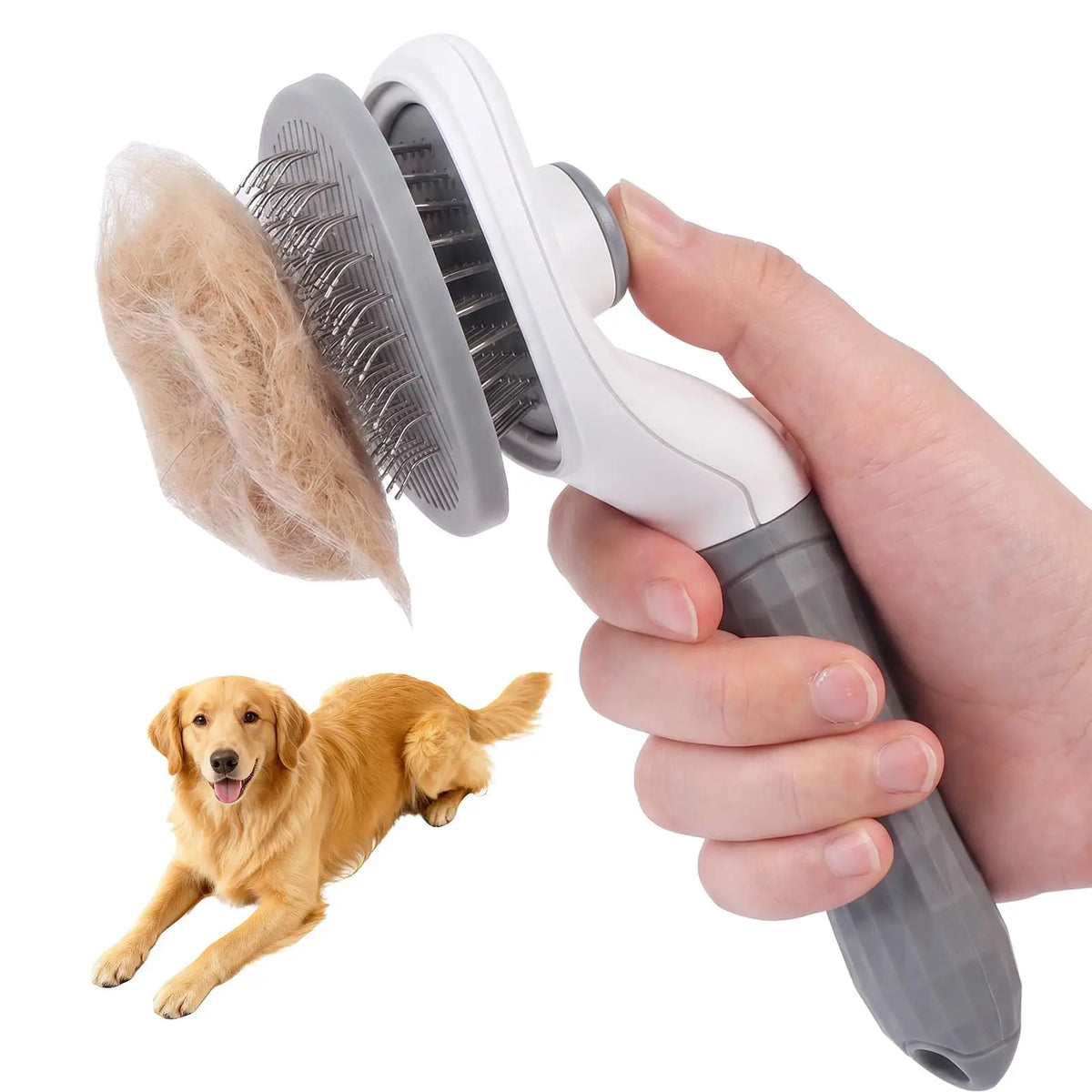 A hand holds a white pet hair brush with a silicone comb and a natural pet hair brush, demonstrating the tool for grooming a 