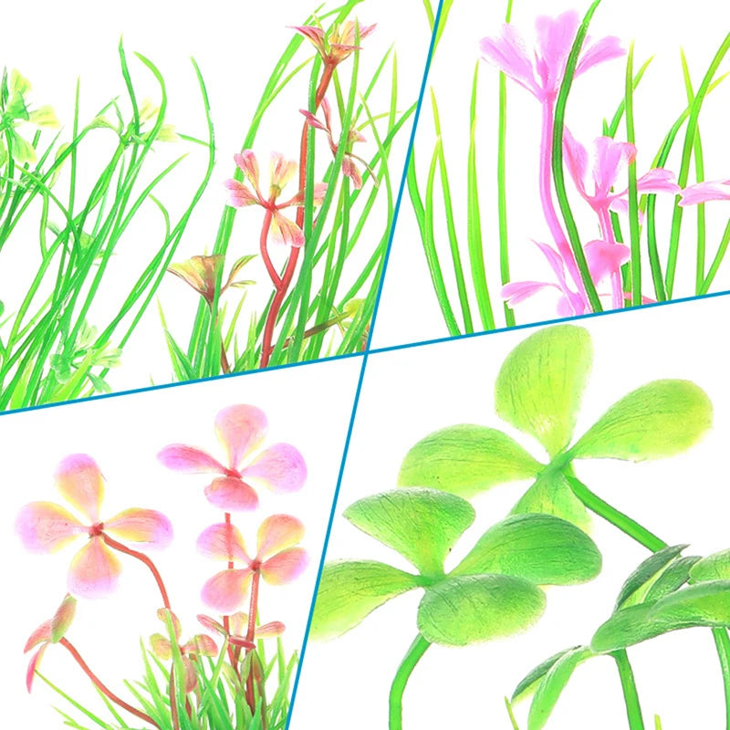 Watercolor illustration of various aquatic plants including pink and green foliage.