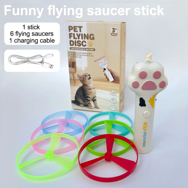 A set of flying saucer sticks and accessories for an interactive cat wand toy including six colored saucers and a charging ca