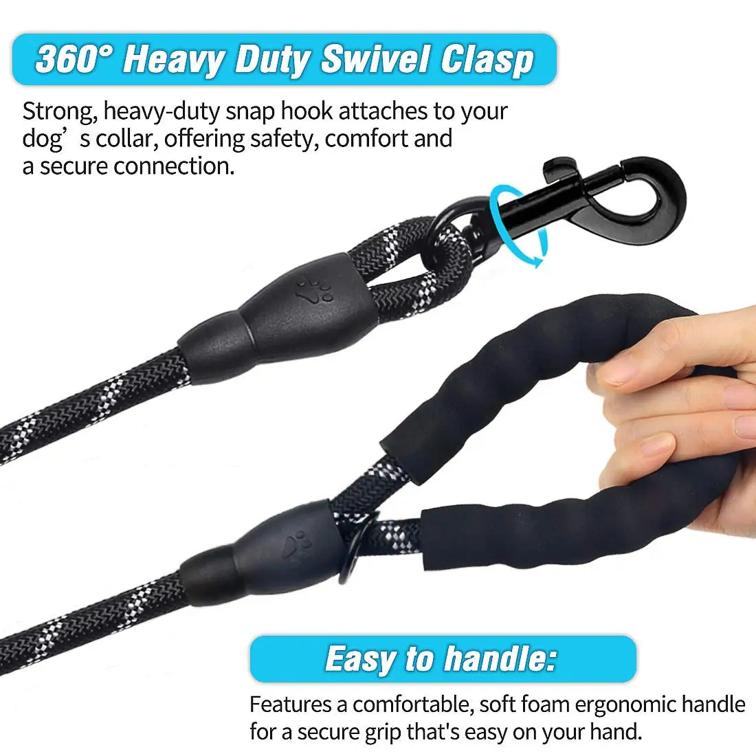 A close-up of a black heavy duty swivel clasp dog leash with a soft foam ergonomic handle.