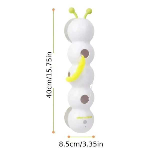 A white, egg-shaped automatic motion-sensing cat toy with yellow accents.
