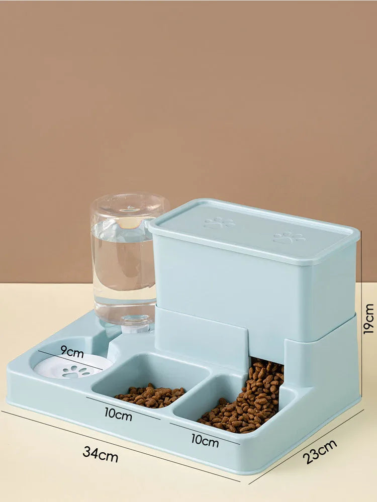 A light blue automatic cat feeder and water fountain set with food compartments and a water reservoir.