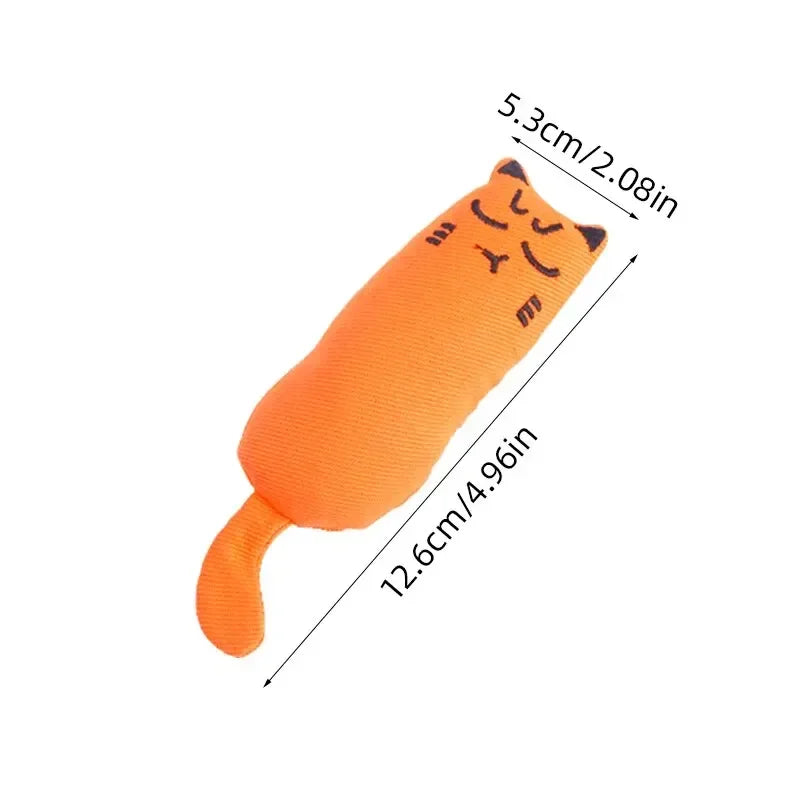 An orange cat-shaped chew pillow toy for kittens and stress relief, measuring 5.3cm long.