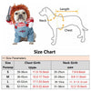 A small dog wearing a Chucky jumpsuit costume, shown next to a size chart and diagrams illustrating chest and neck measuremen