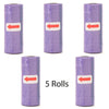 Five rolls of purple reusable pet poop bags with red arrows indicating direction