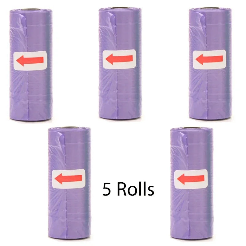 Five rolls of purple reusable pet poop bags with red arrows indicating direction