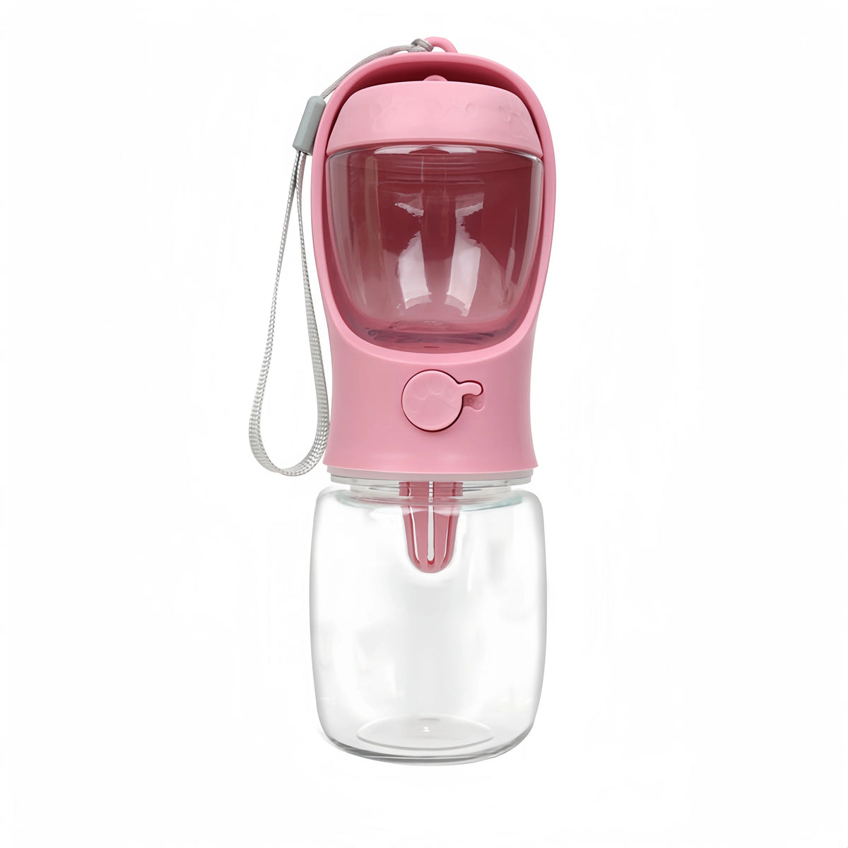 Rosa tragbare Haustier-Wasserflasche mit klarem Behälter und flexiblem Schlauch.