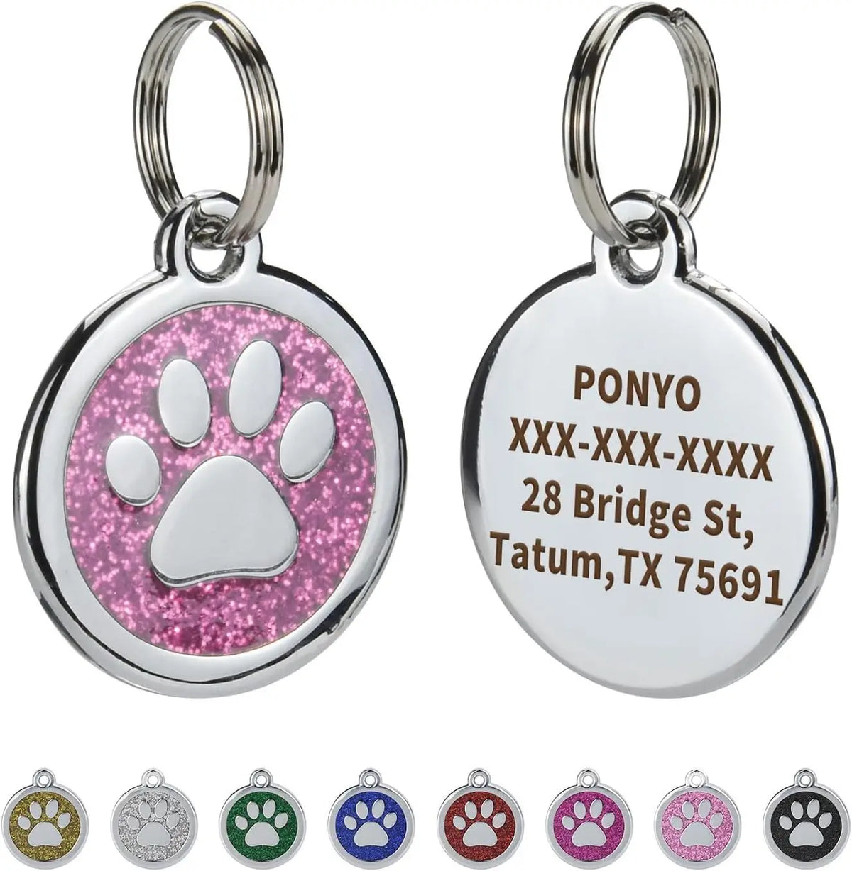 A set of personalized silver pet ID tags featuring paw prints and names, including various colored paw print designs.