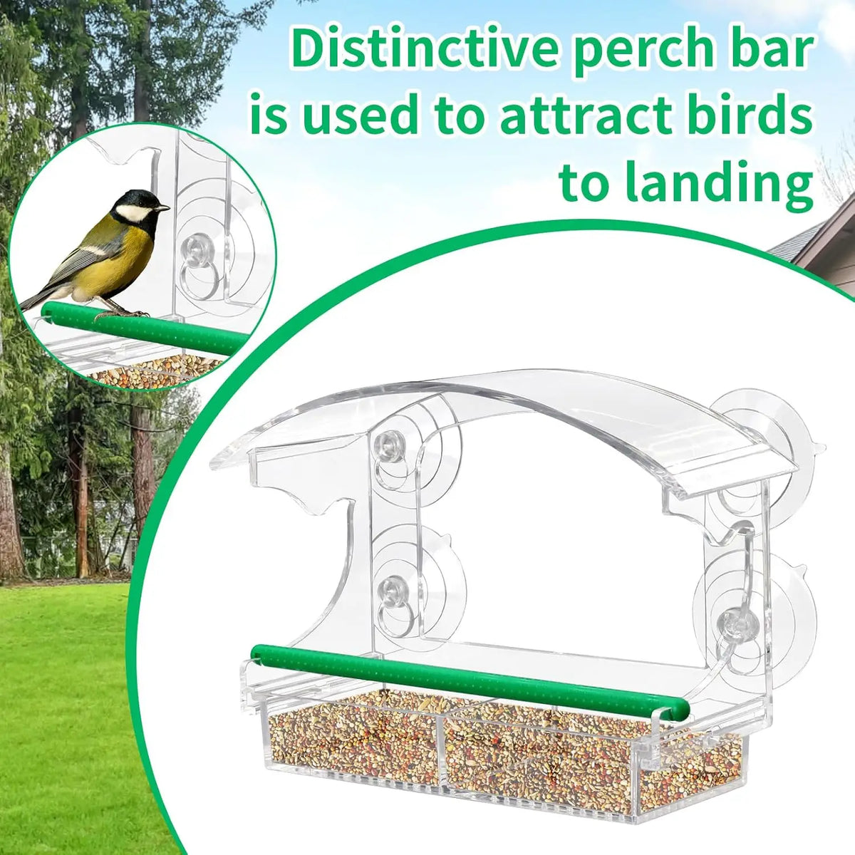 Clear acrylic window bird feeder with a perch bar and food tray used to attract birds.