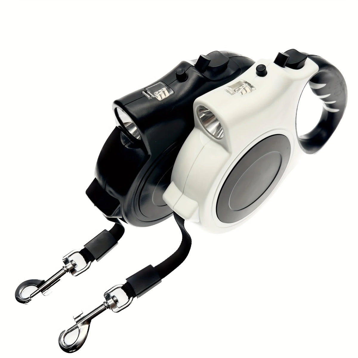 A white and black illuminated retractable dog leash with an LED light and reflective nylon strap.