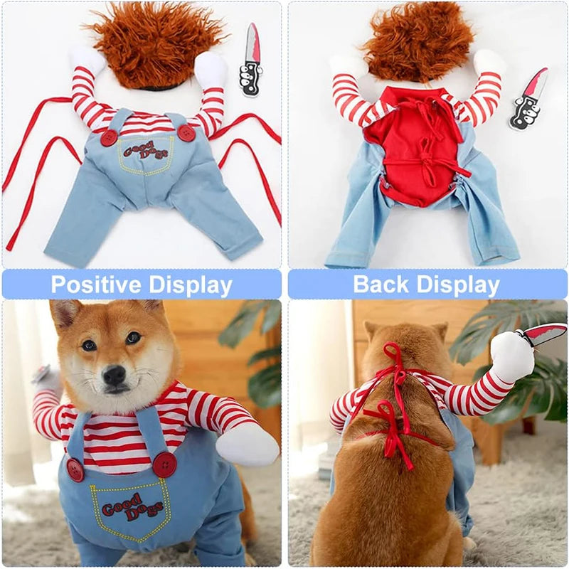 A dog wearing a Chucky Jumpsuit Halloween costume with red and white stripes, displayed in both front and back views.