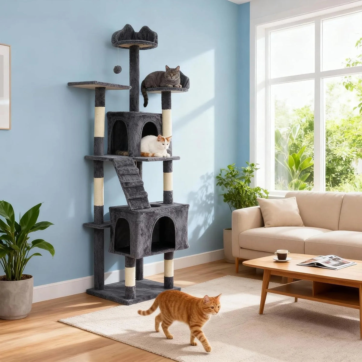 72-Inch Multi-Level Cat Tree with Scratching Posts, Condos & Hammock