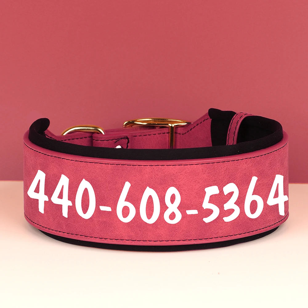 A pink PU leather dog collar with the number 440-608-5364 embossed on the outside.