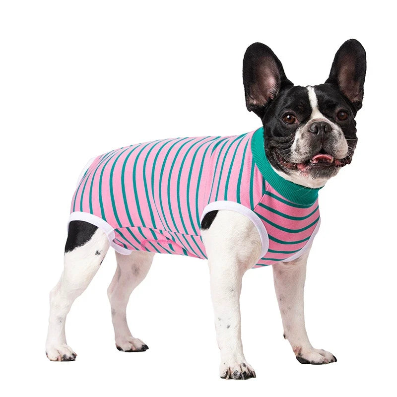 Striped Cotton Dog Recovery Suit for Post-Surgery Protection