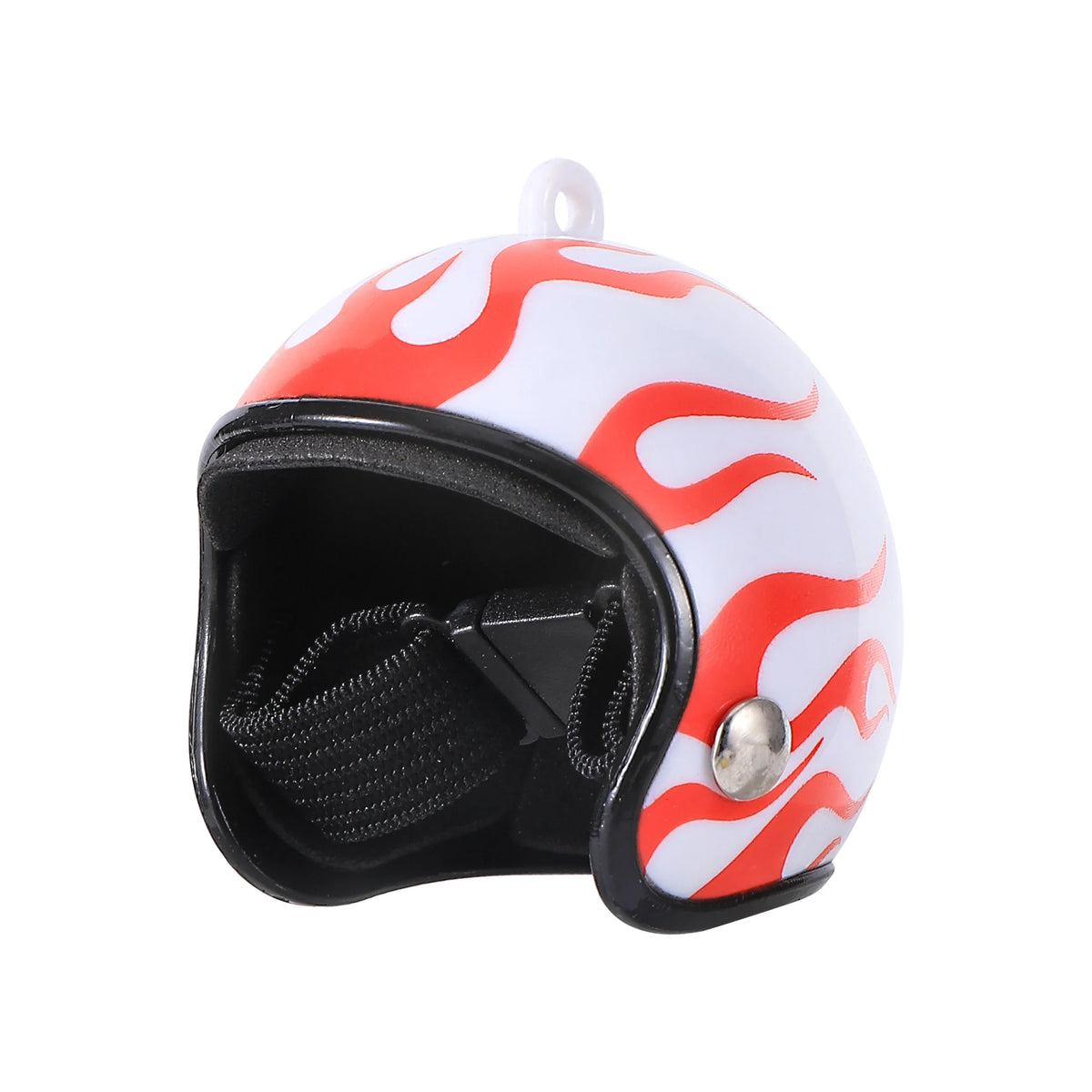 A white and orange patterned adjustable bird safety helmet with a black interior and a white strap.