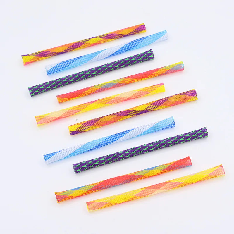 A set of colorful, striped plastic springs used for an interactive spiral cat toy.
