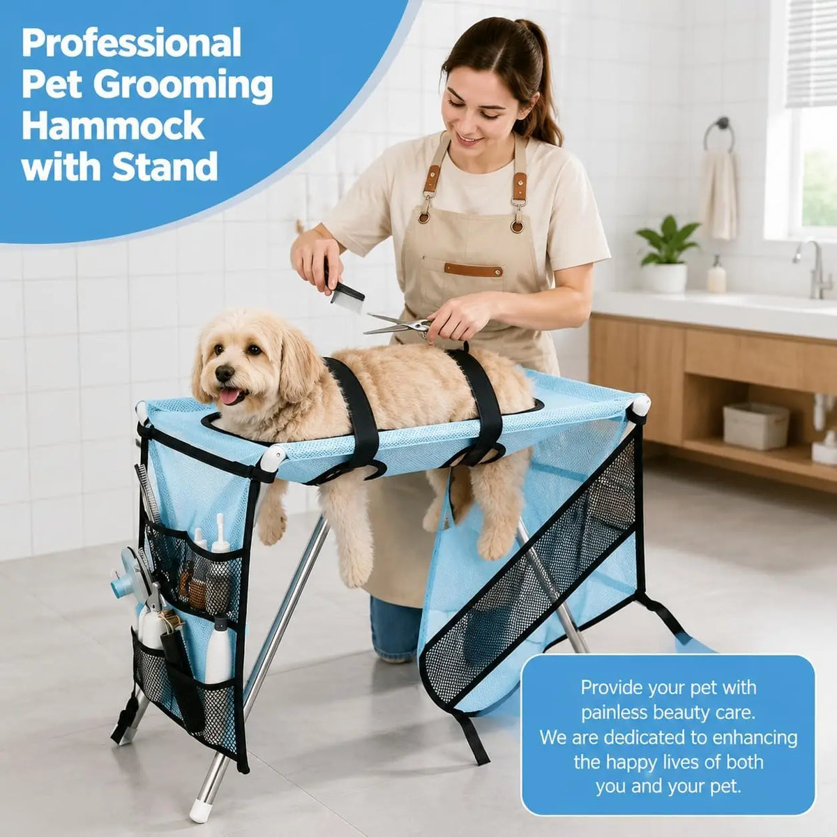 Pet Grooming Hammock with Stand – Adjustable Nail Trimming Restraint Sling for Small to Medium Dogs and Cats