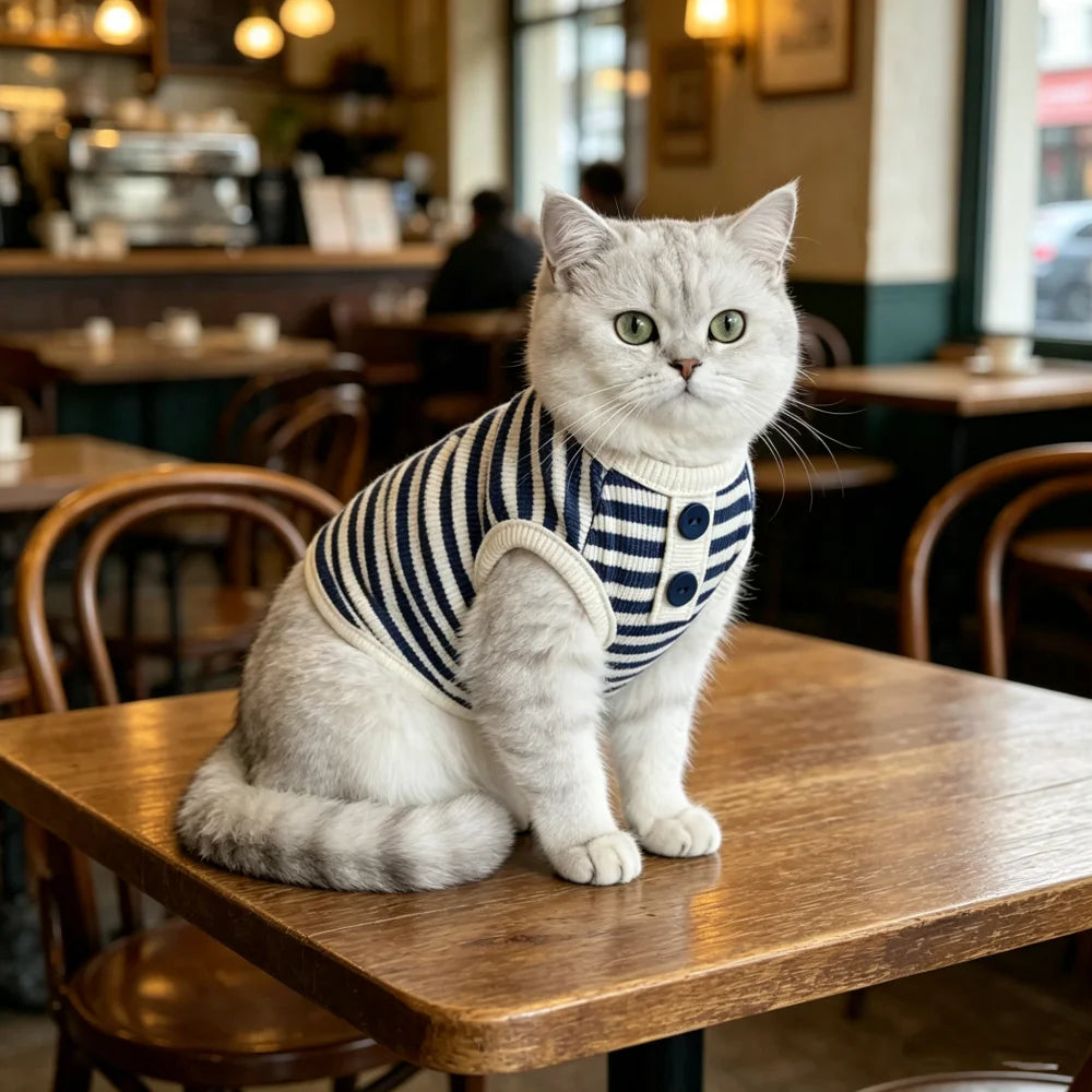 A fluffy gray cat wearing a navy blue and white striped knitted vest sitting on a wooden table.