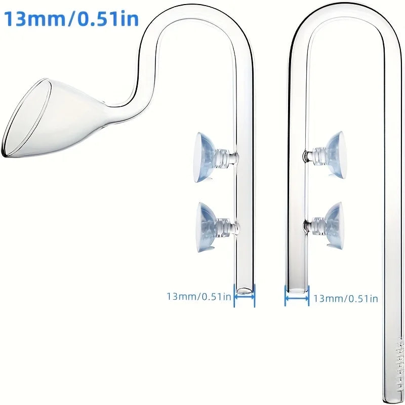 Clear borosilicate glass lily pipe with a curved tube and two flower-shaped tips for planted aquariums