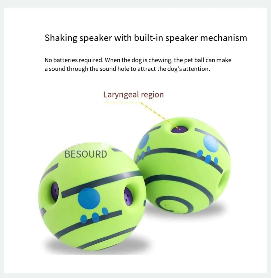 Un juguete para perros verde lima brillante con mecanismo de altavoz junto a un diagrama amarillo ilustrando la laringe