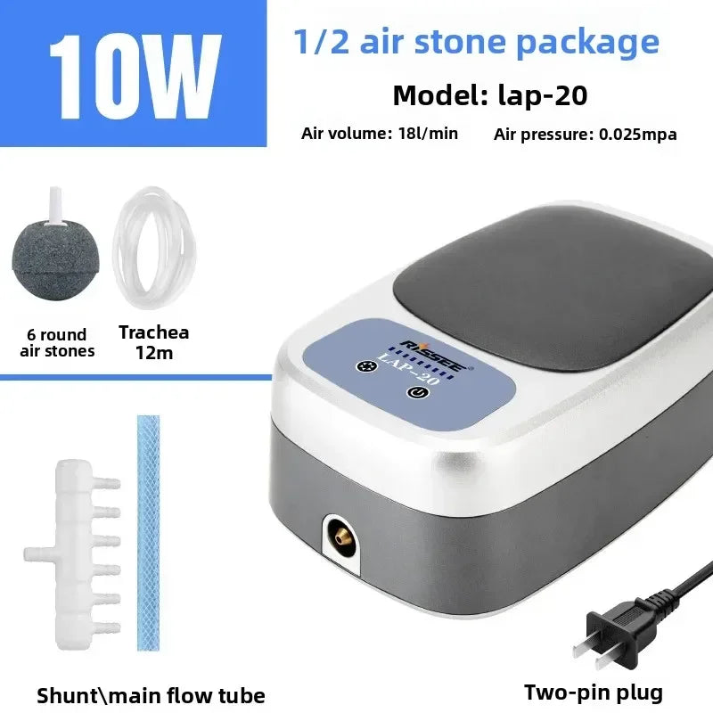 A gray air stone pump unit with a silver body, showing components like air stones and a shunt tube.