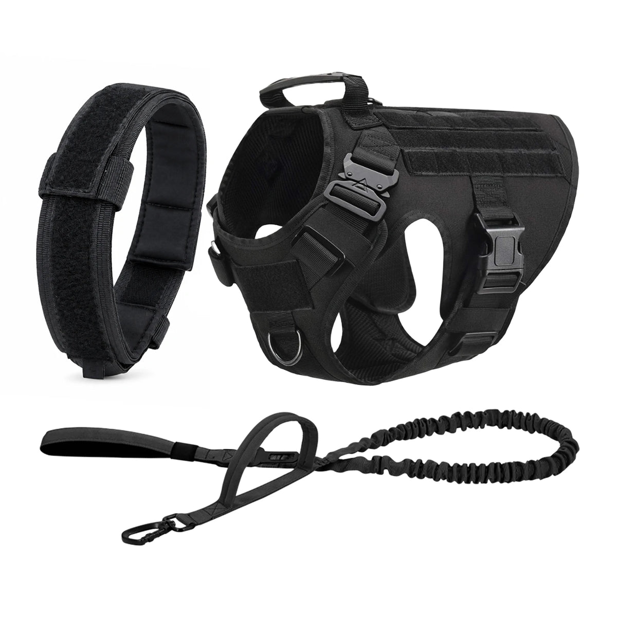 Black tactical dog harness set including a collar and leash for large breeds