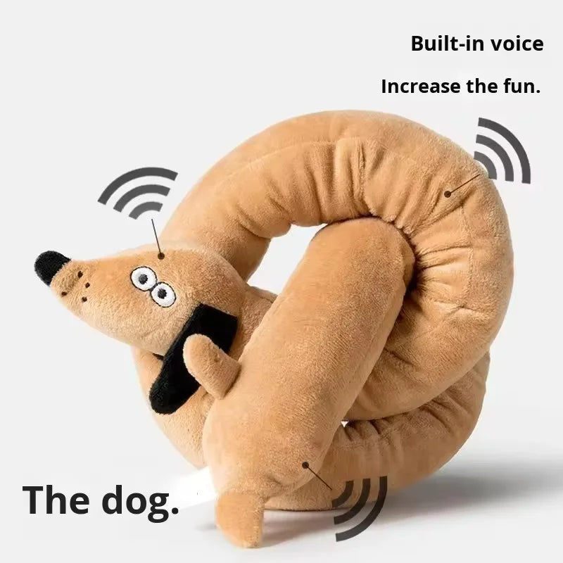 A tan plush toy shaped like a dog is shown, designed to be a built-in voice toy for fun.