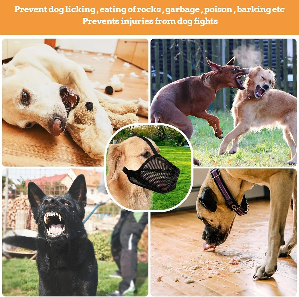 Un bozal de malla suave para perros mostrado en varios contextos, incluyendo en un perro y junto a otros perros.