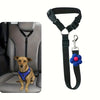 Black pet car seat belt with a blue flower tag and adjustable strap for vehicle safety