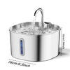 Stainless steel automatic pet water fountain with a spout pouring water into a basin