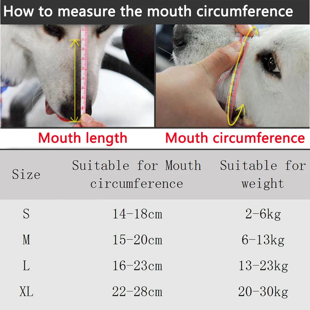A chart showing measurements for dog muzzle length and circumference by size (S, M, L, XL) and suitable weight.