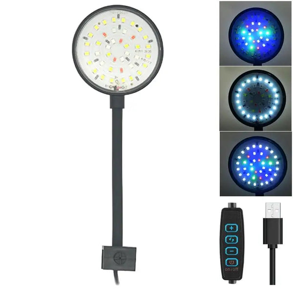 A black clip-on LED light fixture with multiple modes and a USB connection, shown alongside examples of its full spectrum ill
