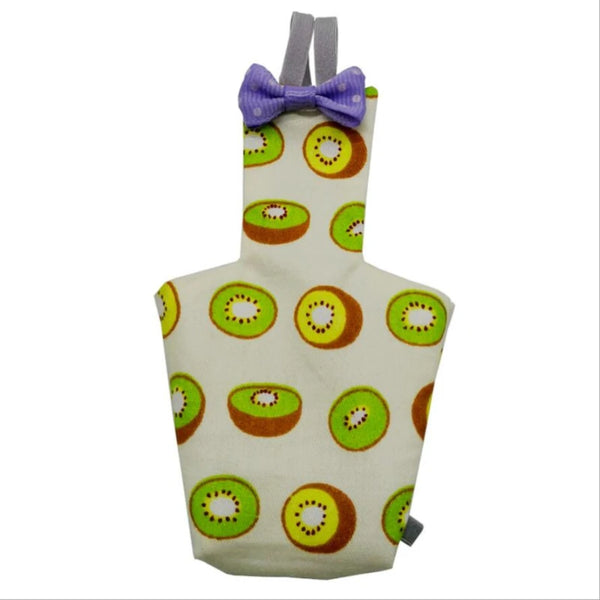 A white cotton diaper featuring a parrot pattern in orange and green, tied with a purple bow tie.
