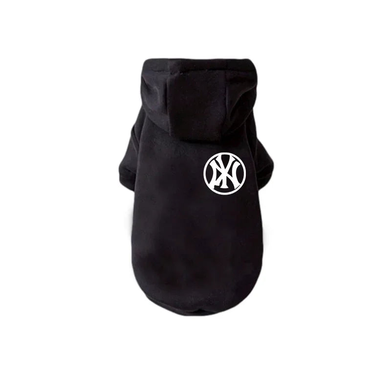 Black cozy fleece pet hoodie for dogs with a white logo