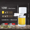 A white submersible aquarium filter with a yellow filter bucket is shown next to a glass tank.