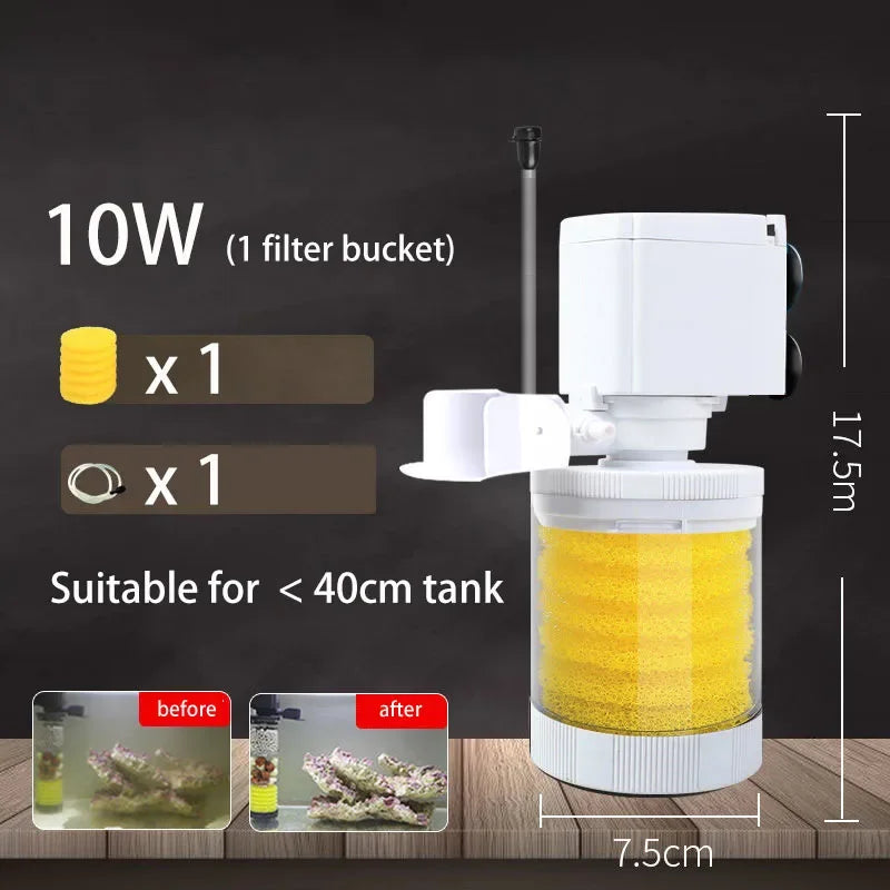 A white submersible aquarium filter with a yellow filter bucket is shown next to a glass tank.